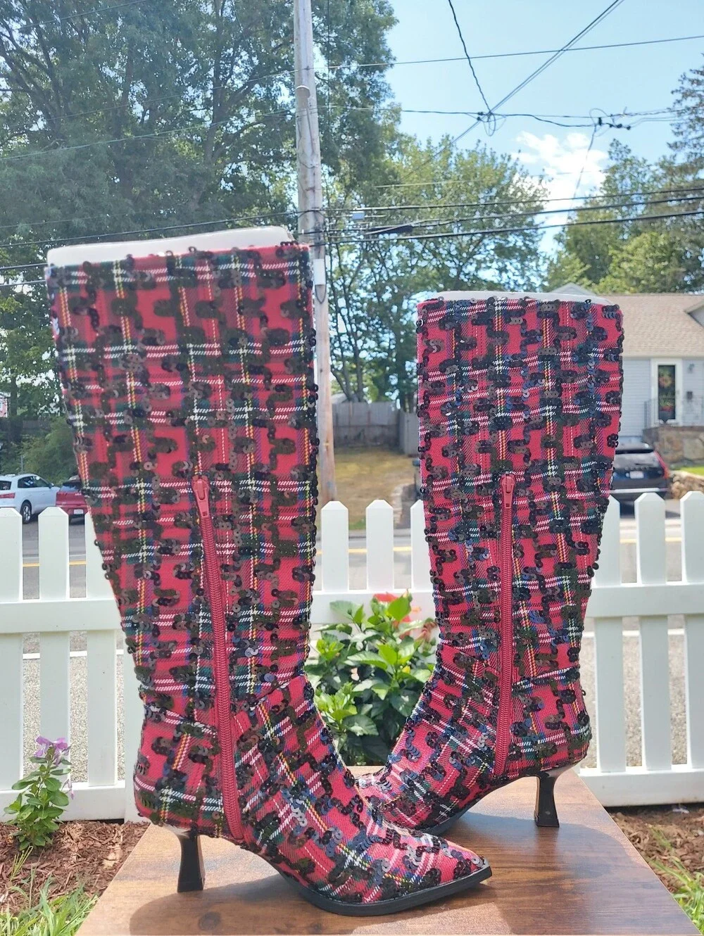 Betsey Johnson Pamella Red & Black Plaid Mid Calf Heeled Boots Womens Size 6 NWT